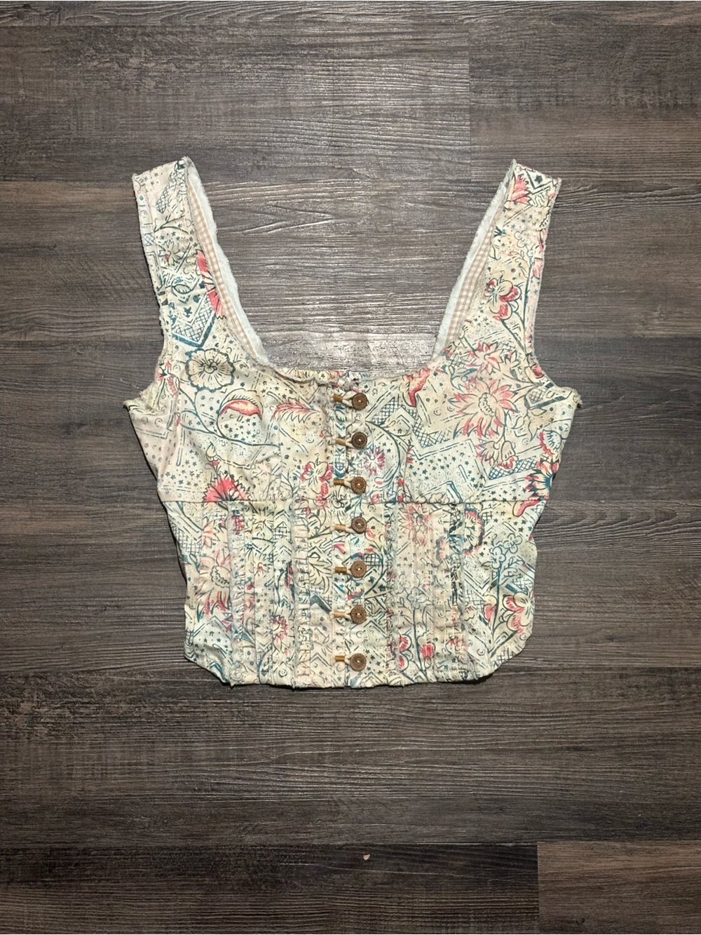 Pilcro Cropped Button-Front Floral Tank - Ivory with Pink & Blue